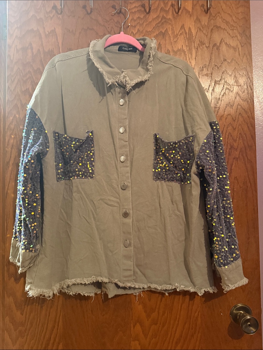 Olive Green Button-Down Shirt Jacket with Sequin Pocket & Sleeve Accents